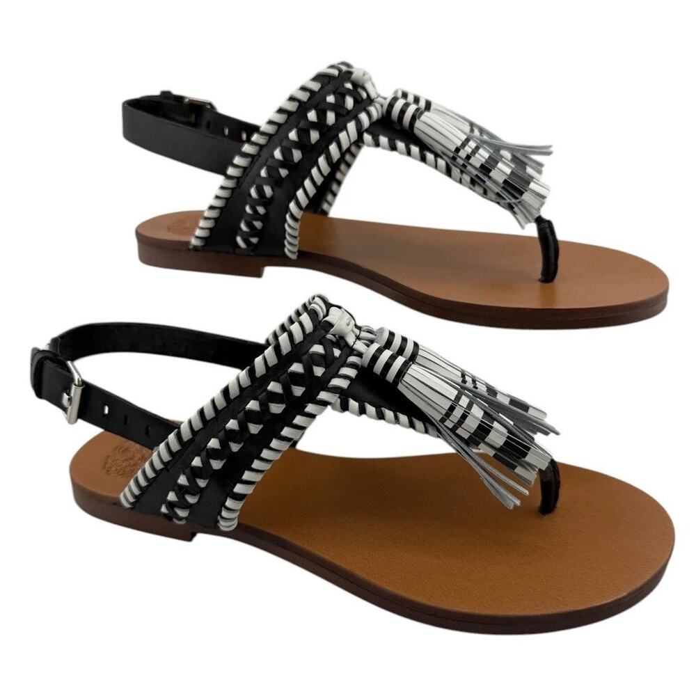 VINCE CAMUTO Rebeka Tassel Slingback Thong Sandal 5 1/2 Black & White Lthr NIB
